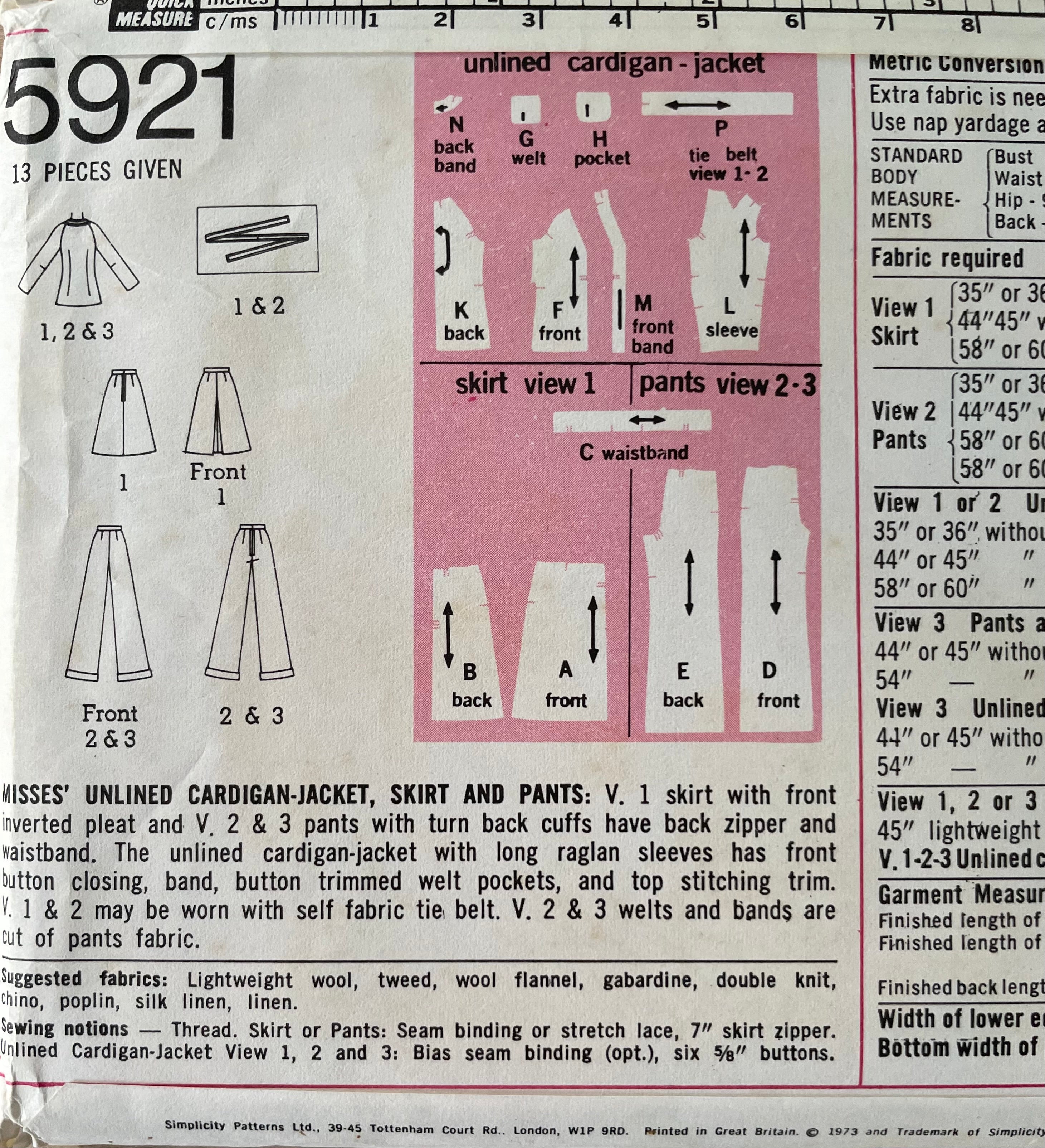 Simplicity 5921 Womens Size 12 Jacket Skirt Trousers
