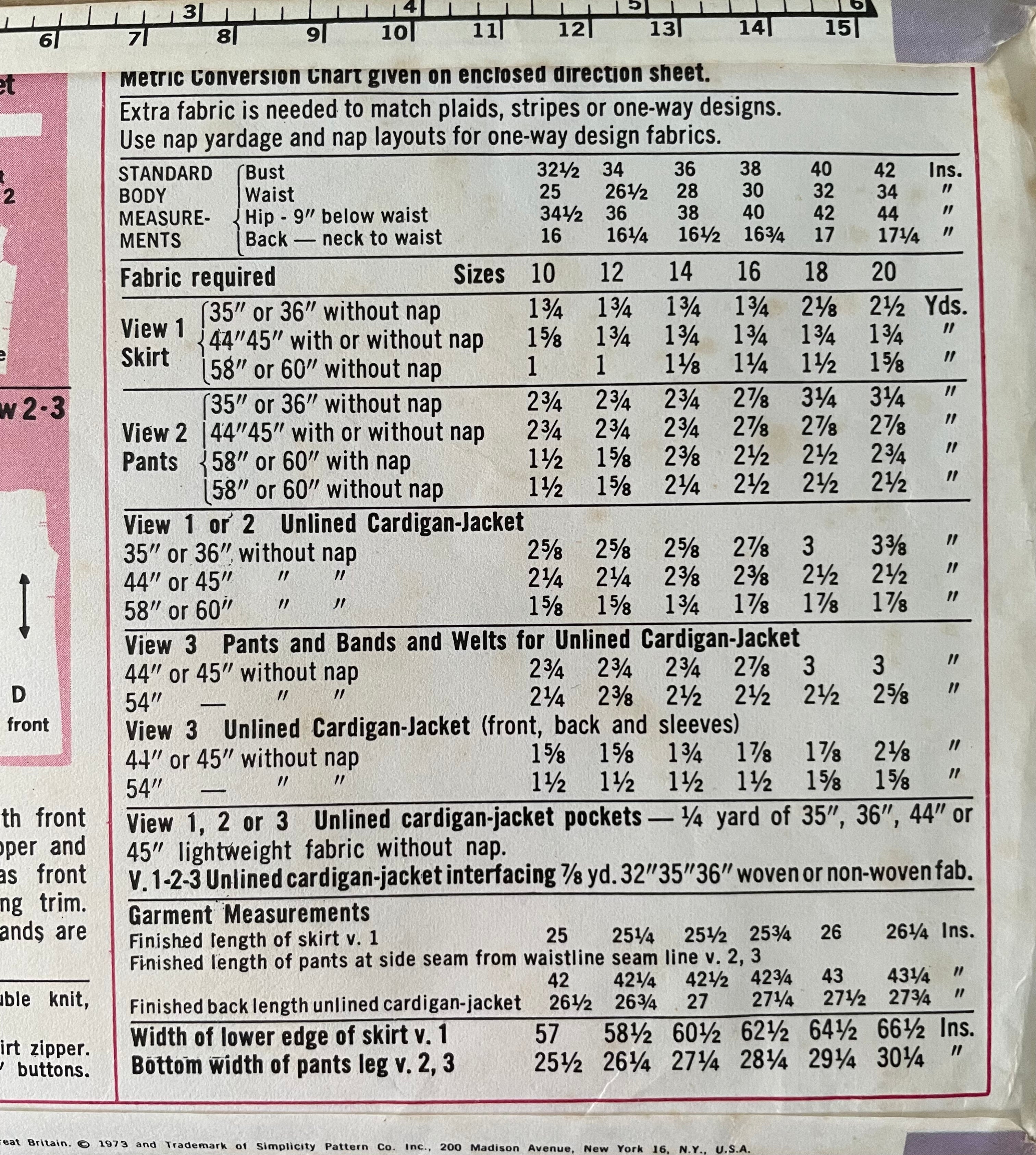 Simplicity 5921 Womens Size 12 Jacket Skirt Trousers