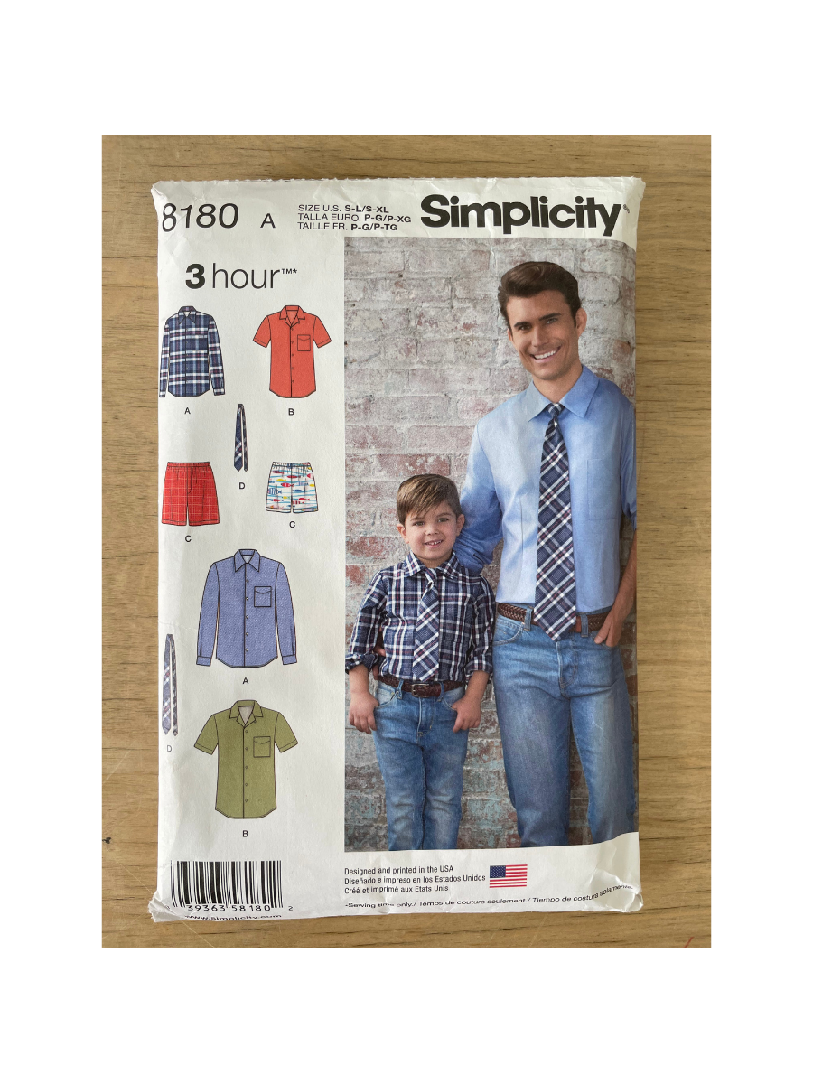Simplicity 8180 Men & Boys Size S-XL Shirt Boxer Shorts Tie