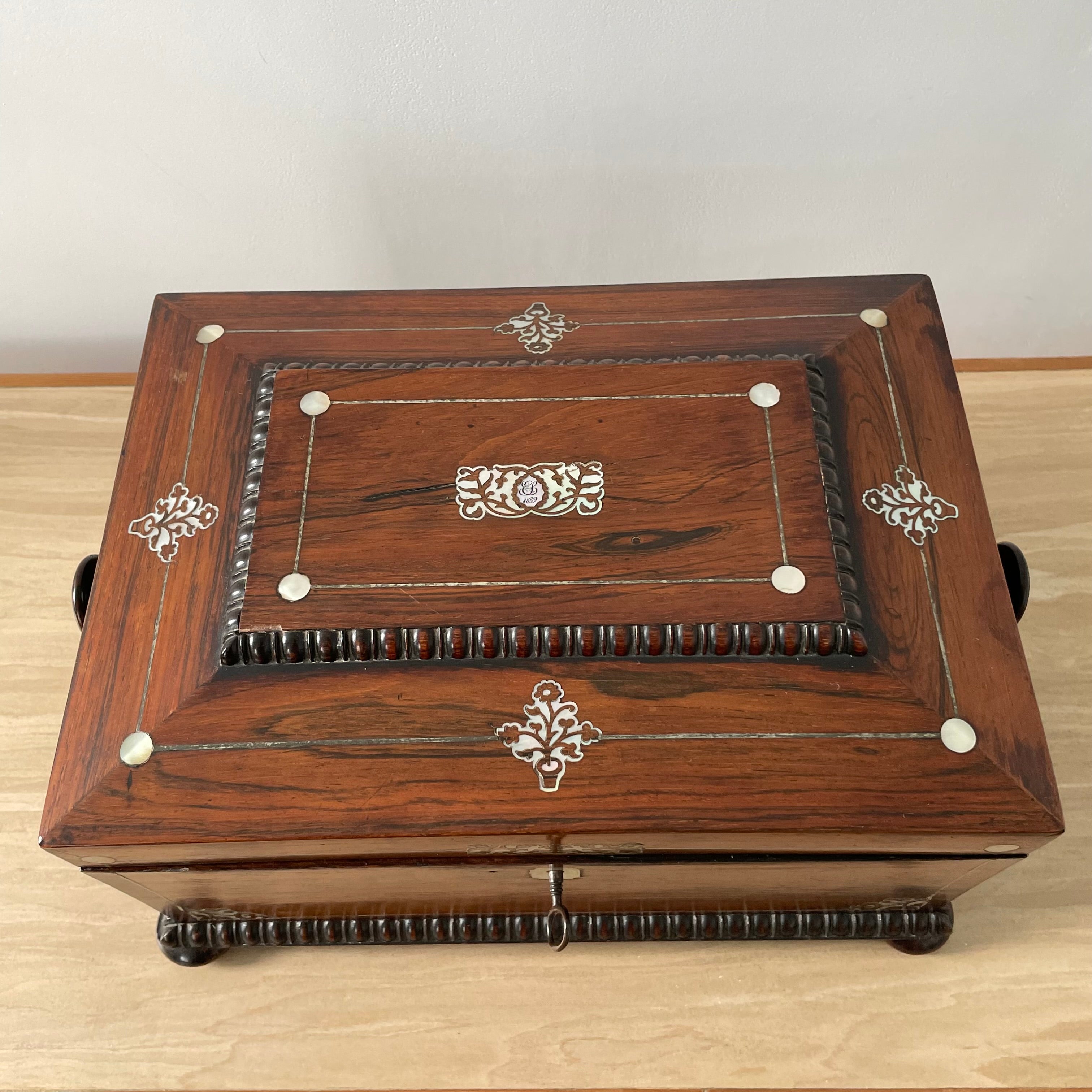 Antique Rosewood Sewing Box – Dated 1839 with Original Tools & Provenance