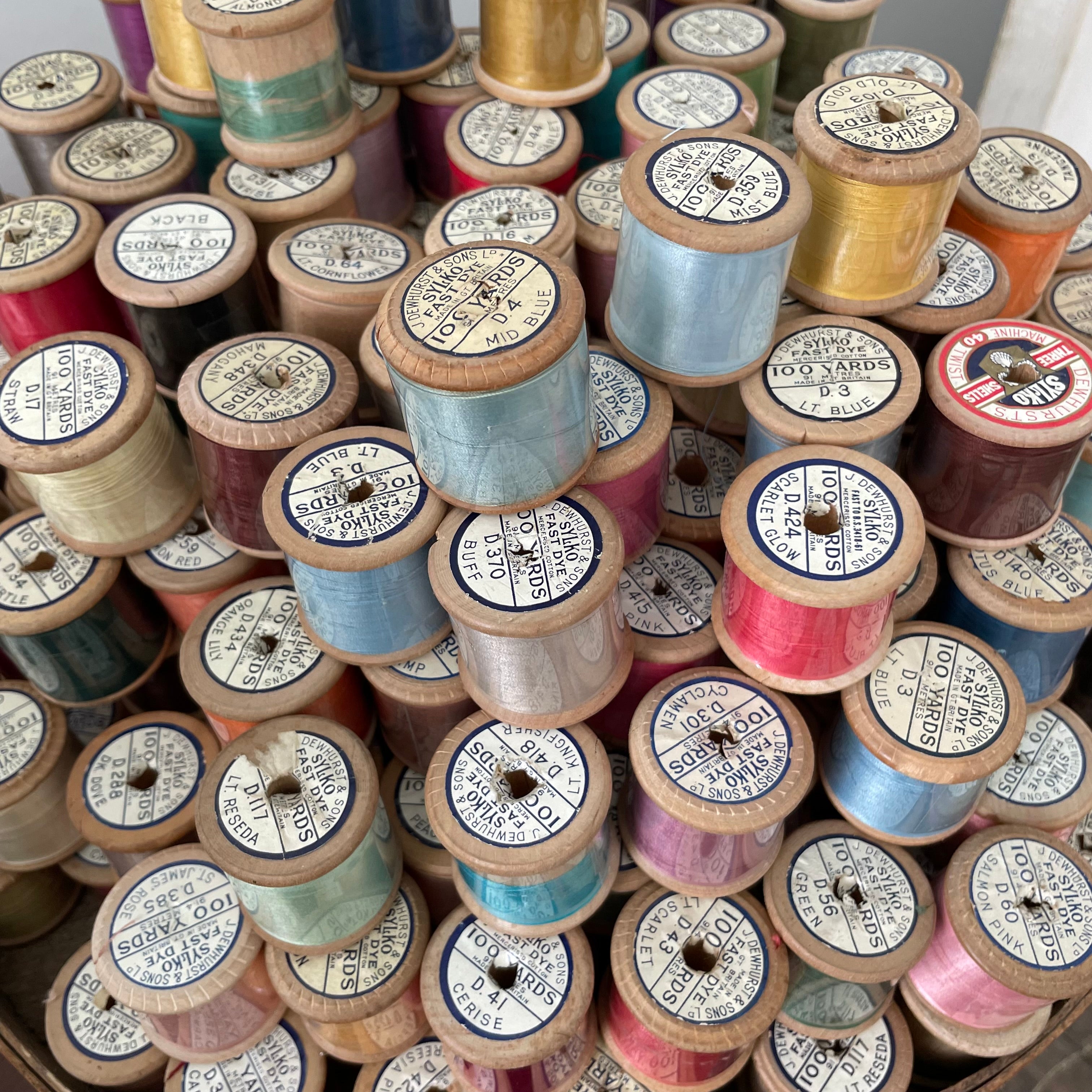 Vintage Dewhurst Sylko Wooden Cotton Reels Spools -300 - D500 - Pierced Labels