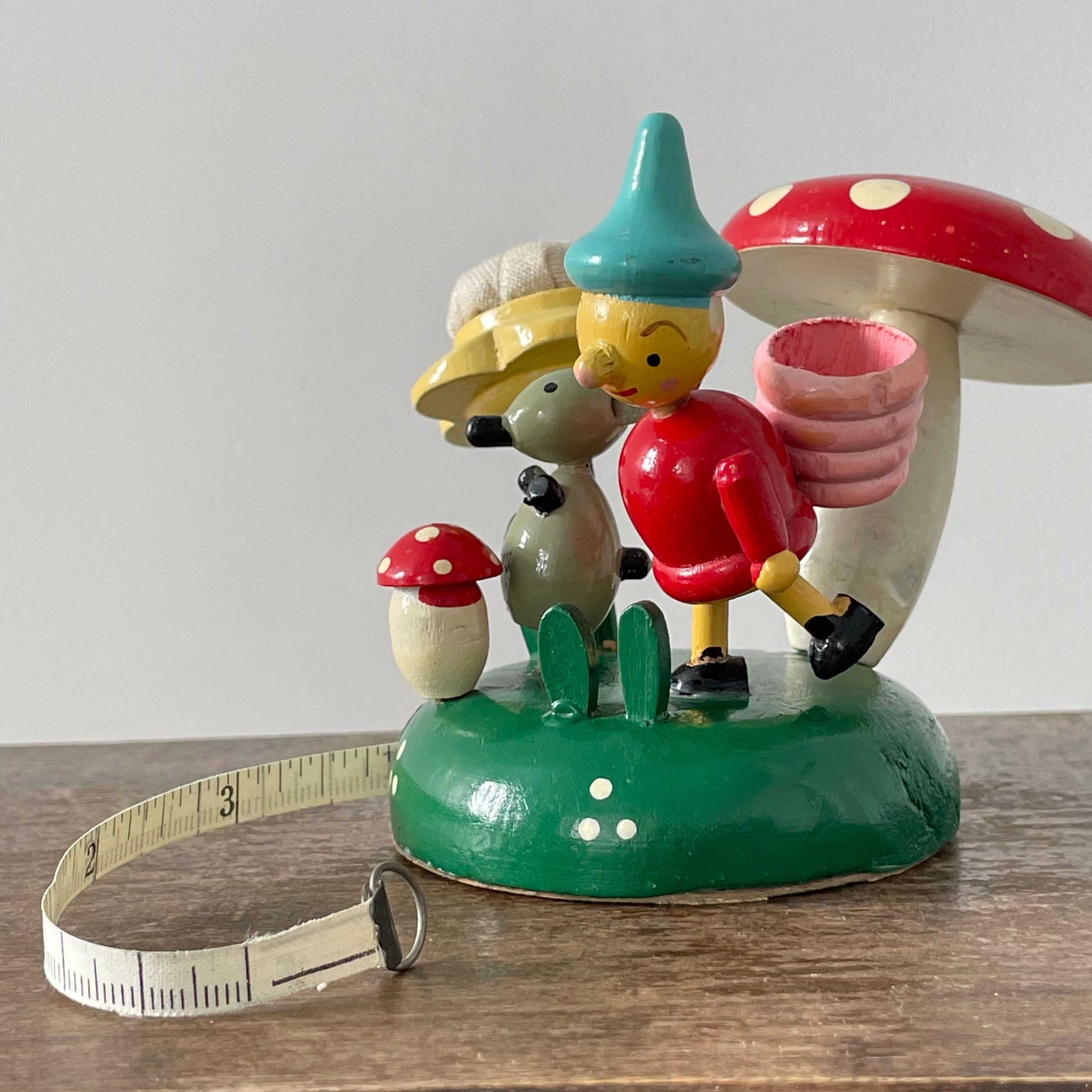 Vintage Wooden Gnome Sewing Caddy – Darning Mushroom, Tape & Thimble – FOREIGN