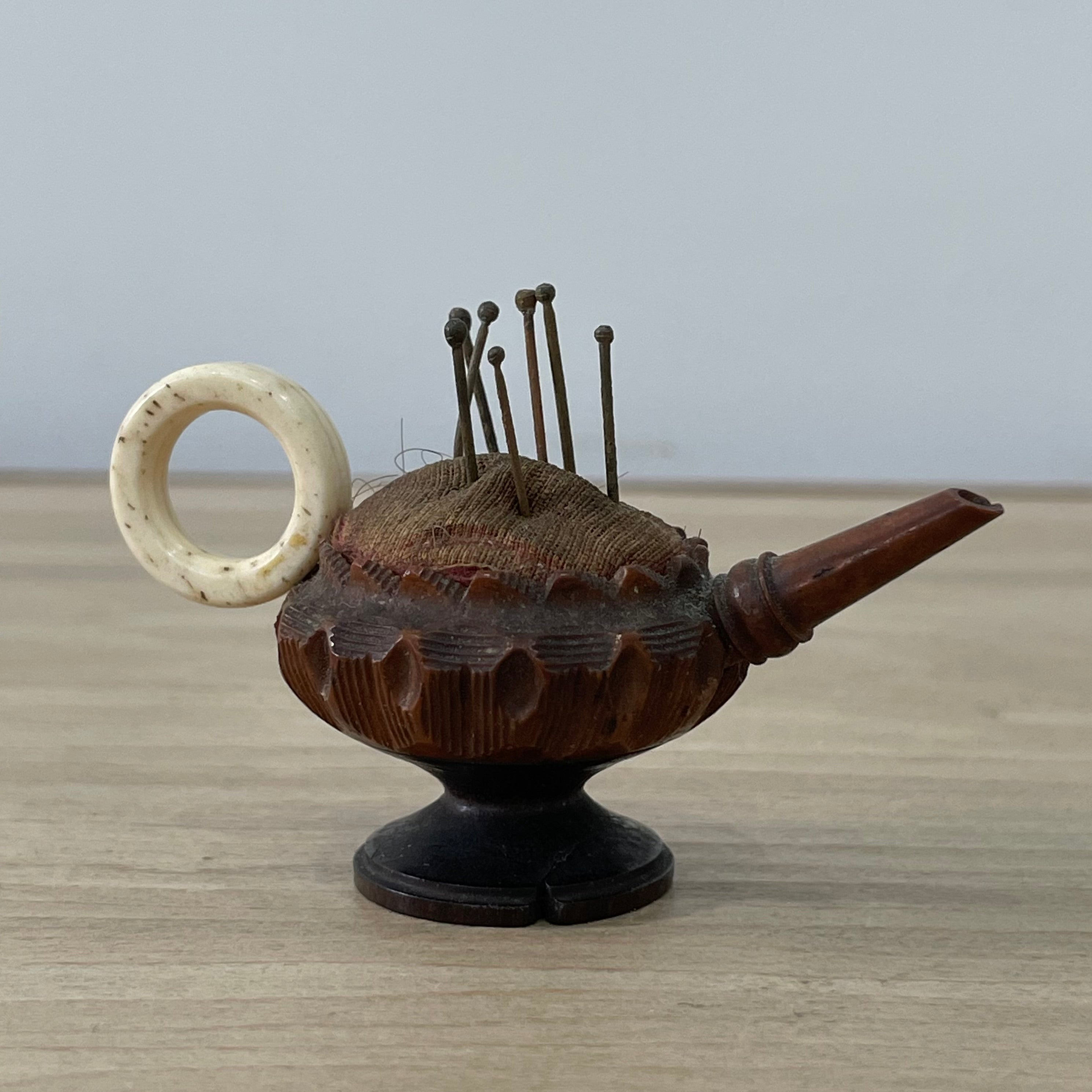 19th Century Treen Teapot Pin Cushion with Bone Handle & Antique Pins