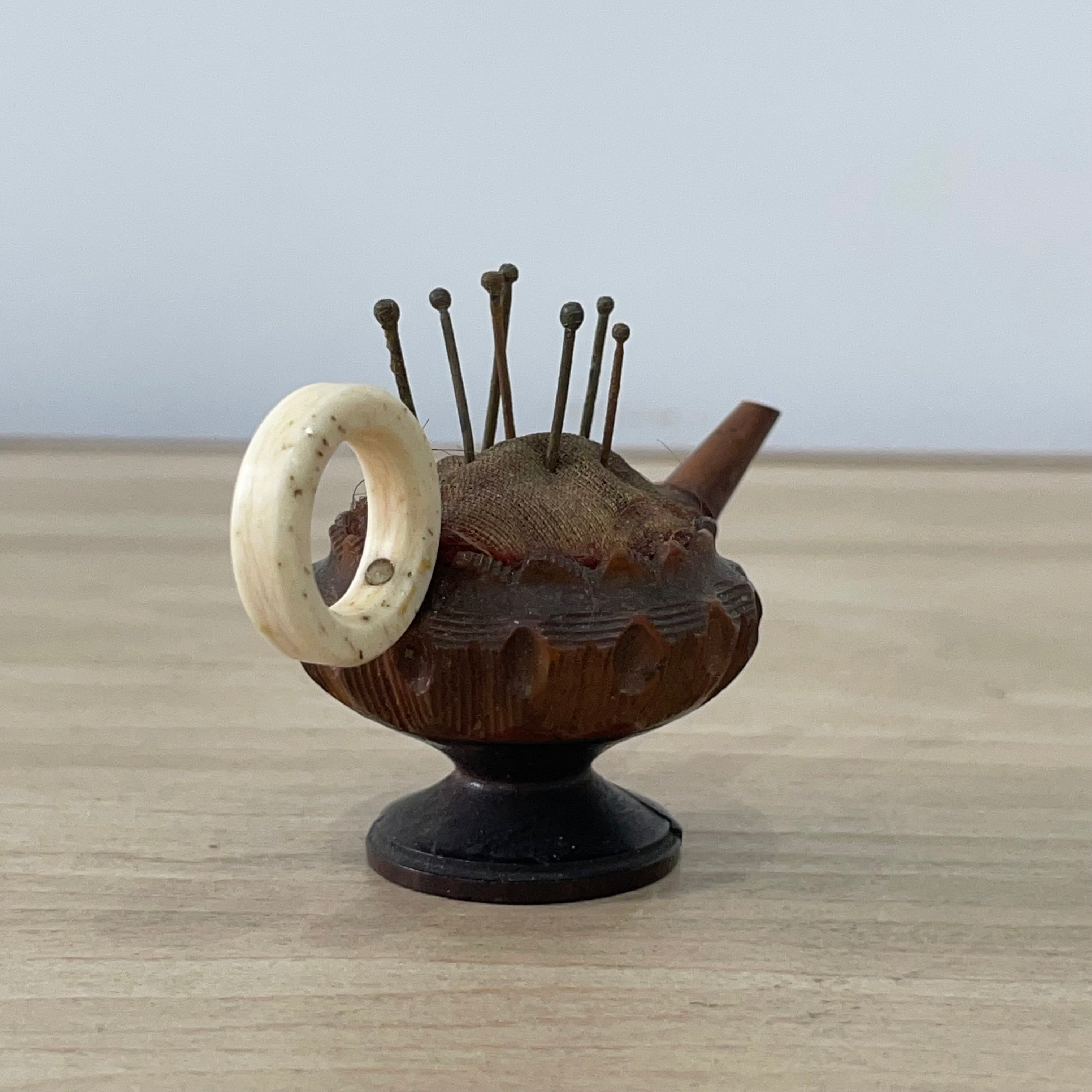 19th Century Treen Teapot Pin Cushion with Bone Handle & Antique Pins