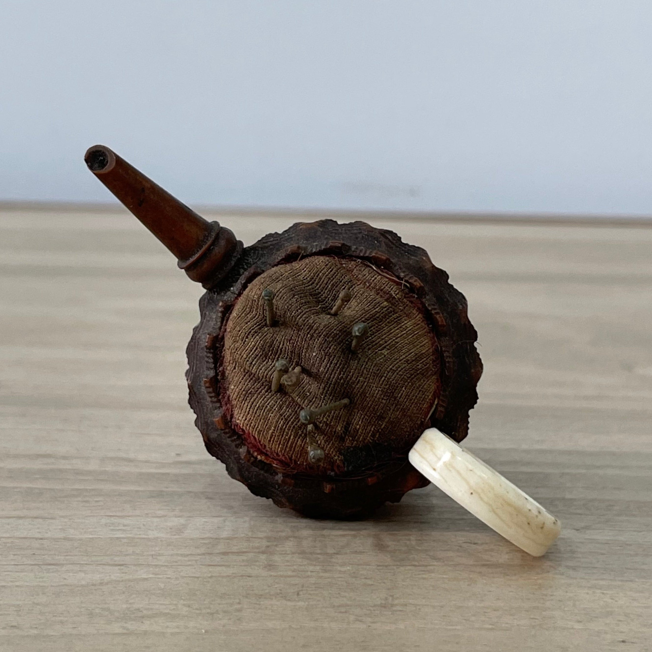 19th Century Treen Teapot Pin Cushion with Bone Handle & Antique Pins