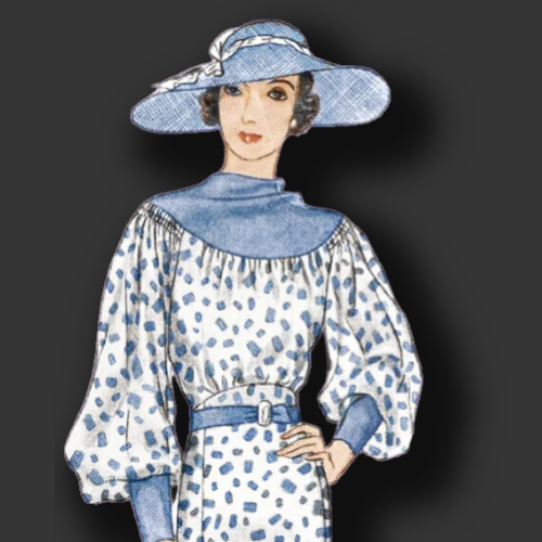 1930s lady in blue dress and matching hat