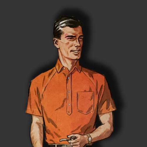 Man in orange short sleeved shirt