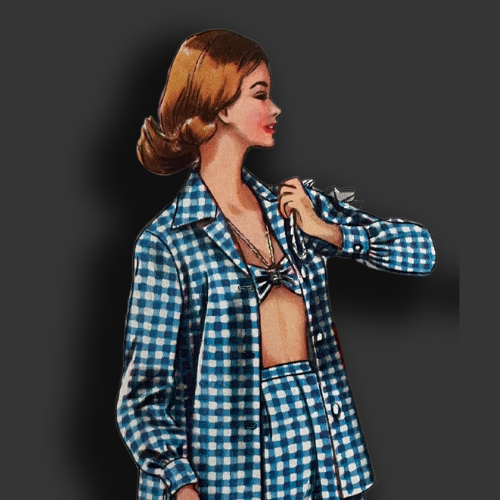 1950s lady wearing blue gingham shorts, bikini top and shirt