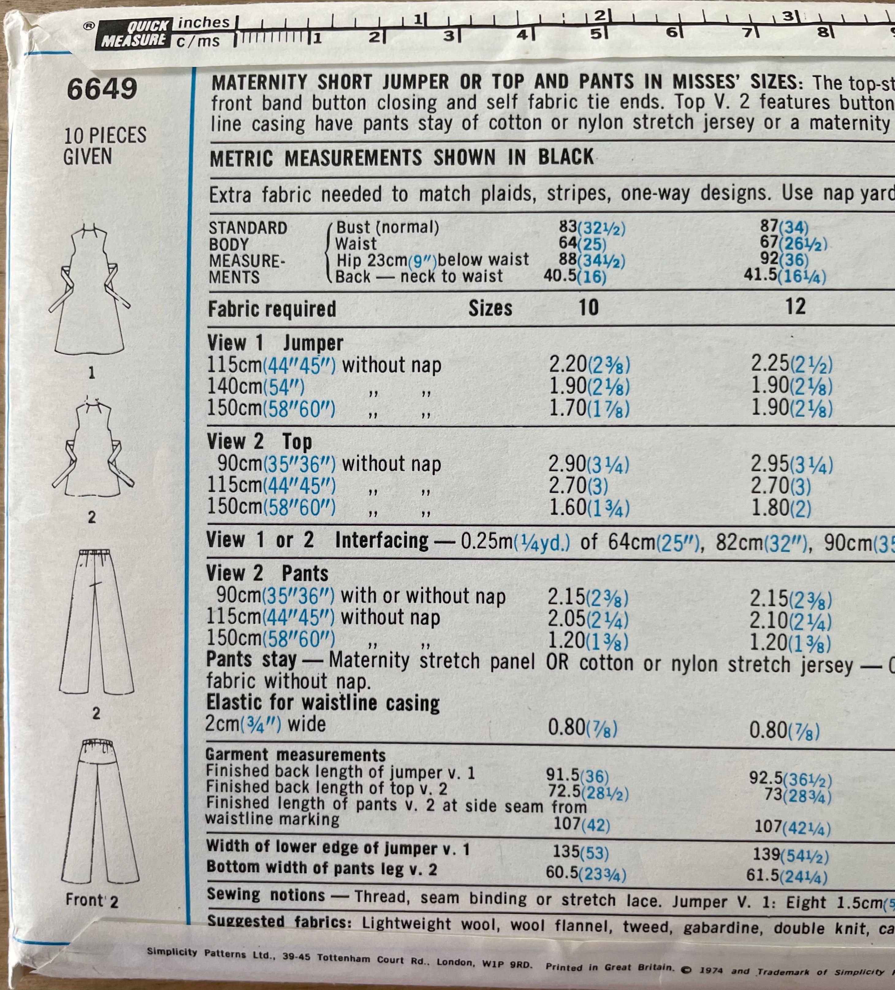Simplicity 6649 Womens Size 16 Maternity Top Pant  FF