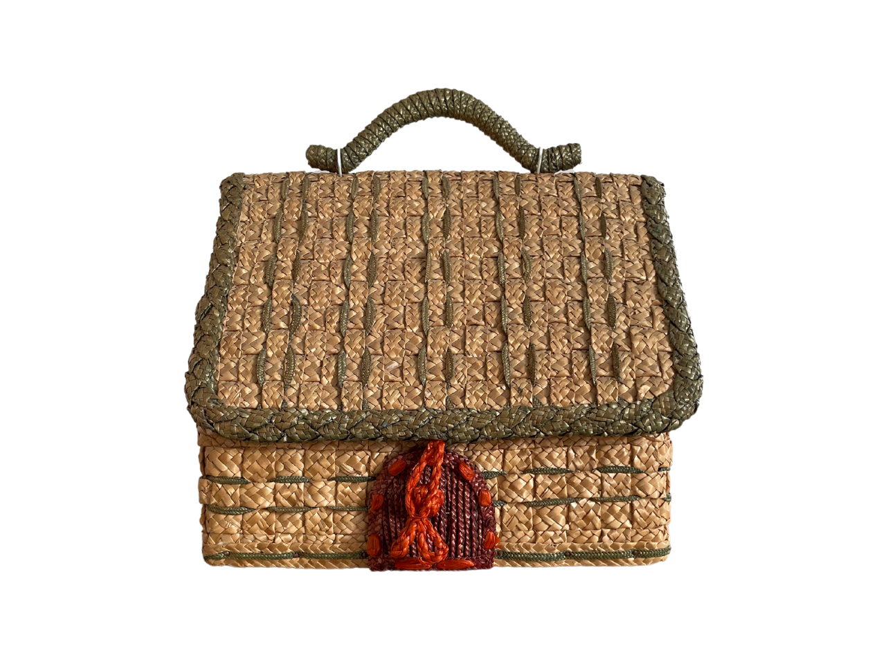 Mid-Century Raffia Woven Straw Sewing Basket - Cottage