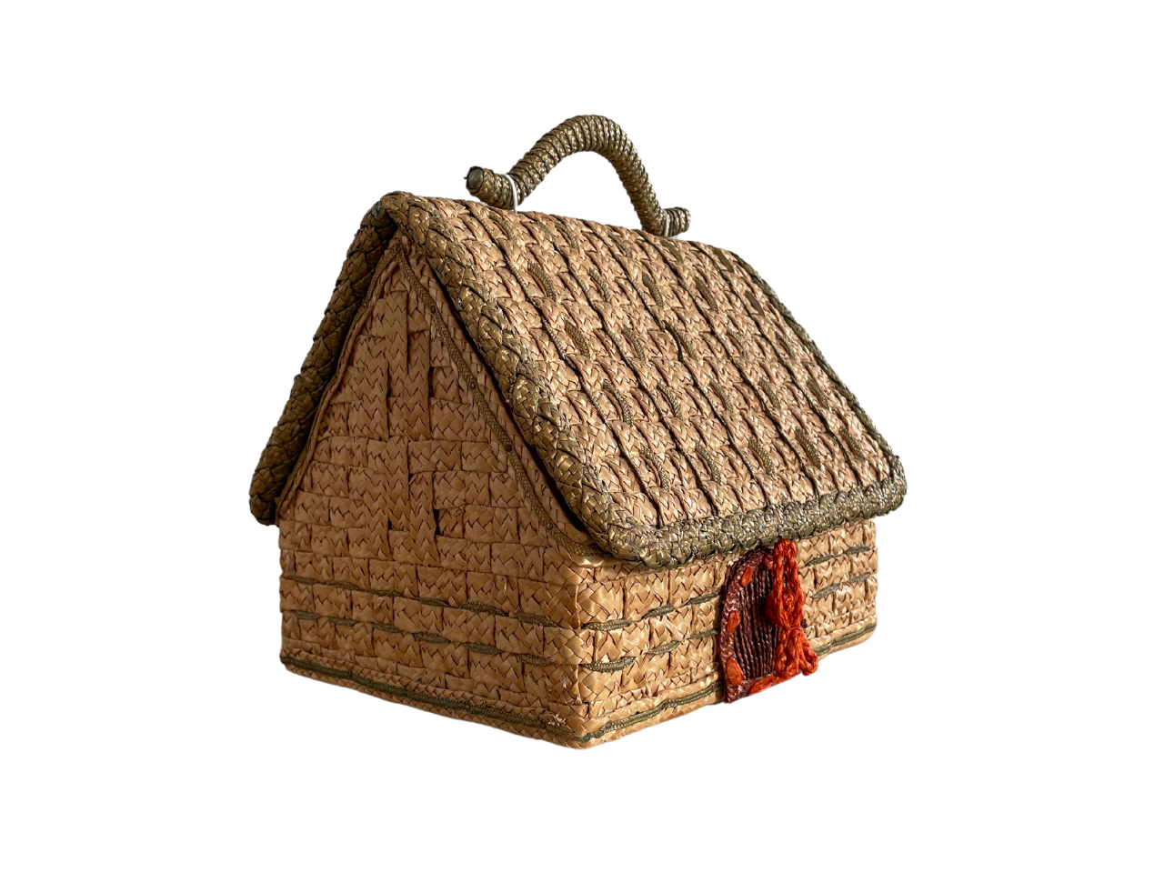 Mid-Century Raffia Woven Straw Sewing Basket - Cottage