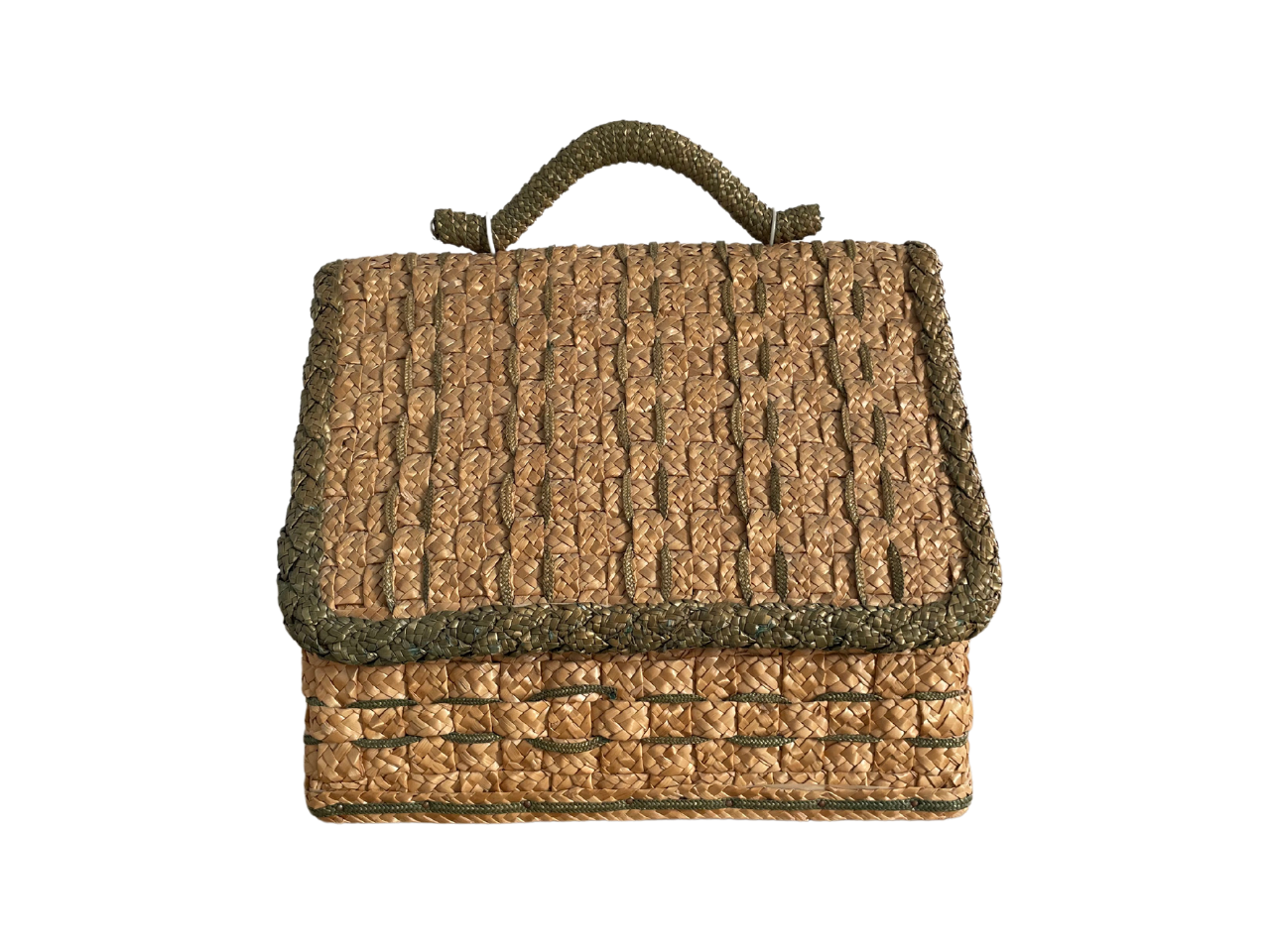 Mid-Century Raffia Woven Straw Sewing Basket - Cottage