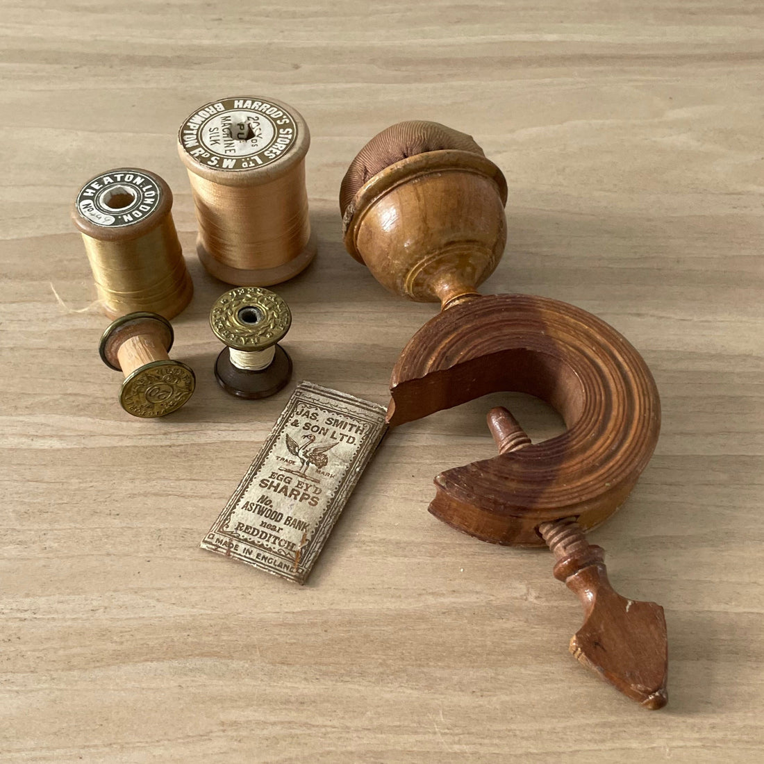 Victorian Tunbridgeware Sewing Clamp with Bowl Pin Cushion – “A Friend’s Gift” Label, c.19th Century