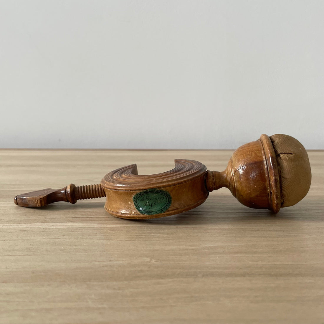 Victorian Tunbridgeware Sewing Clamp with Bowl Pin Cushion – “A Friend’s Gift” Label, c.19th Century