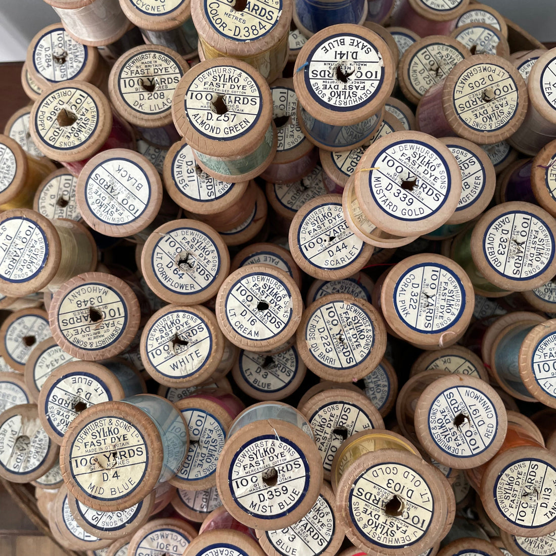 Vintage Dewhurst Sylko Wooden Cotton Reels Spools - D100 - D199 - Pierced Labels