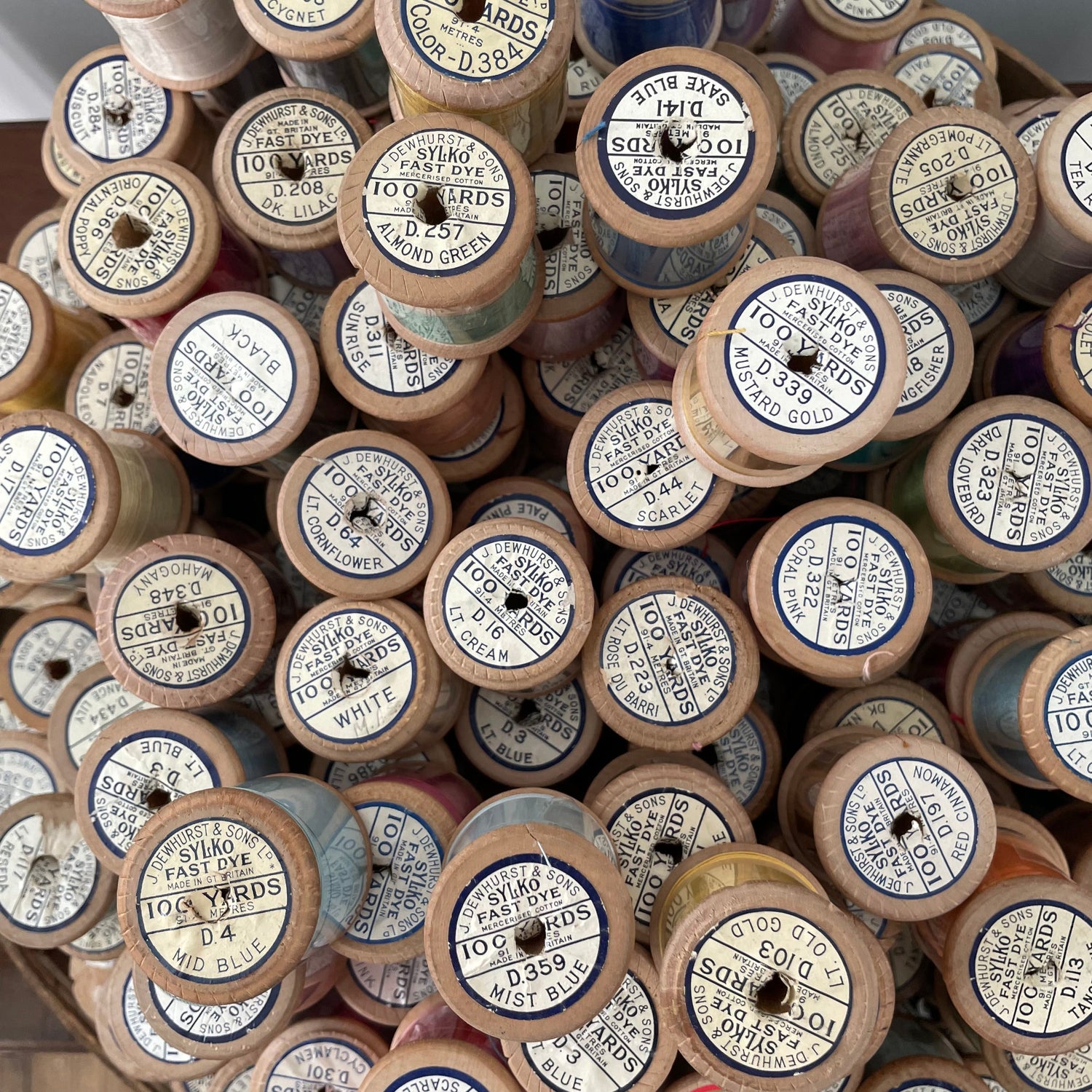Vintage Dewhurst Sylko Wooden Cotton Reels Spools - D100 - D199 - Pierced Labels