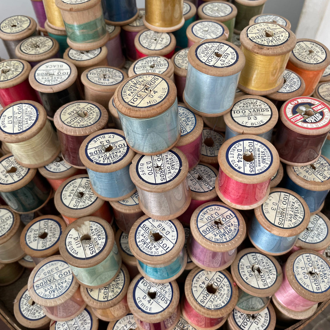 Vintage Dewhurst Sylko Wooden Cotton Reels Spools -300 - D500 - Pierced Labels