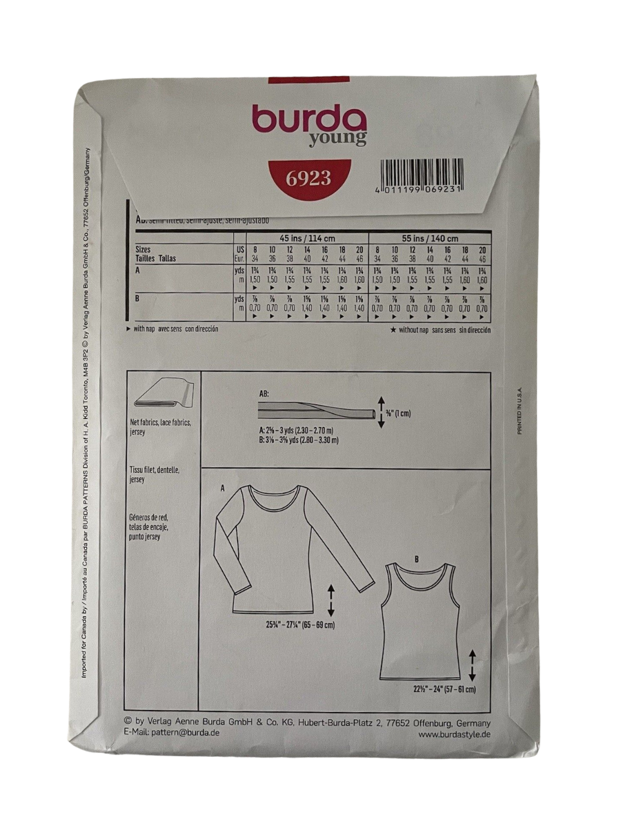 Burda 6923 Womens Size 34-36 EU Top Tank Vest FF