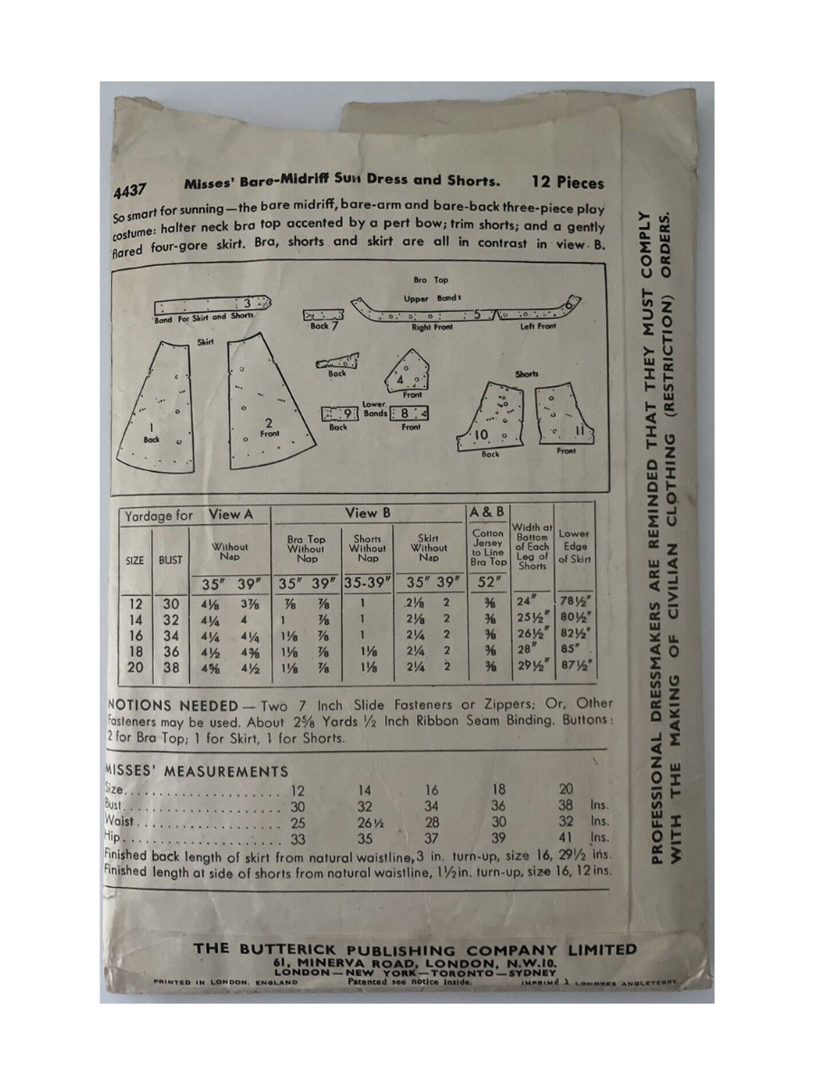 Butterick 4437 Womens Waist 32&quot; Sundress and Shorts