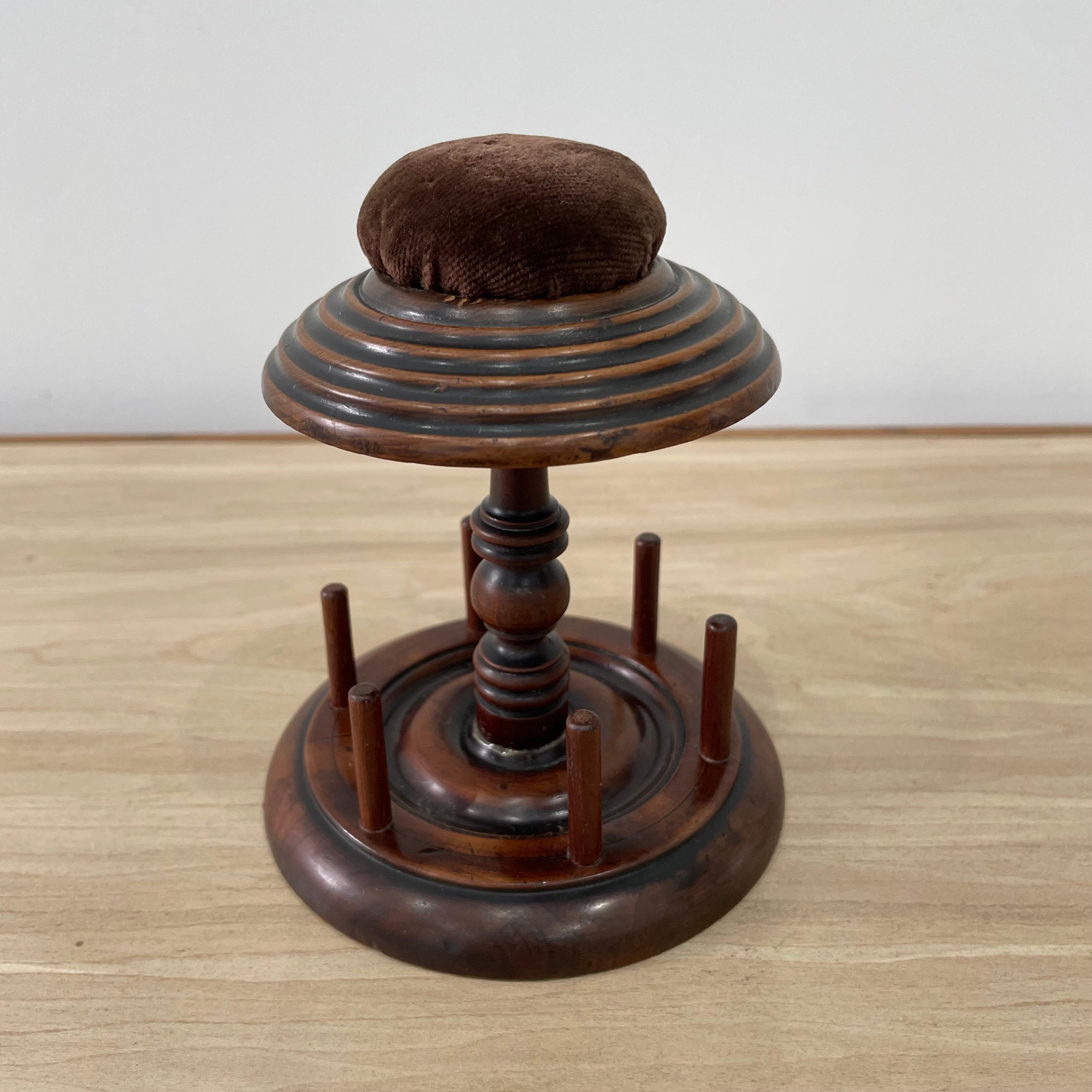 Antique Wooden Thread Reel Stand with Velvet Pin Cushion