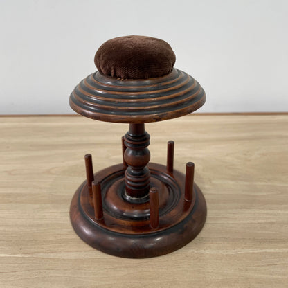 Antique Wooden Thread Reel Stand with Velvet Pin Cushion