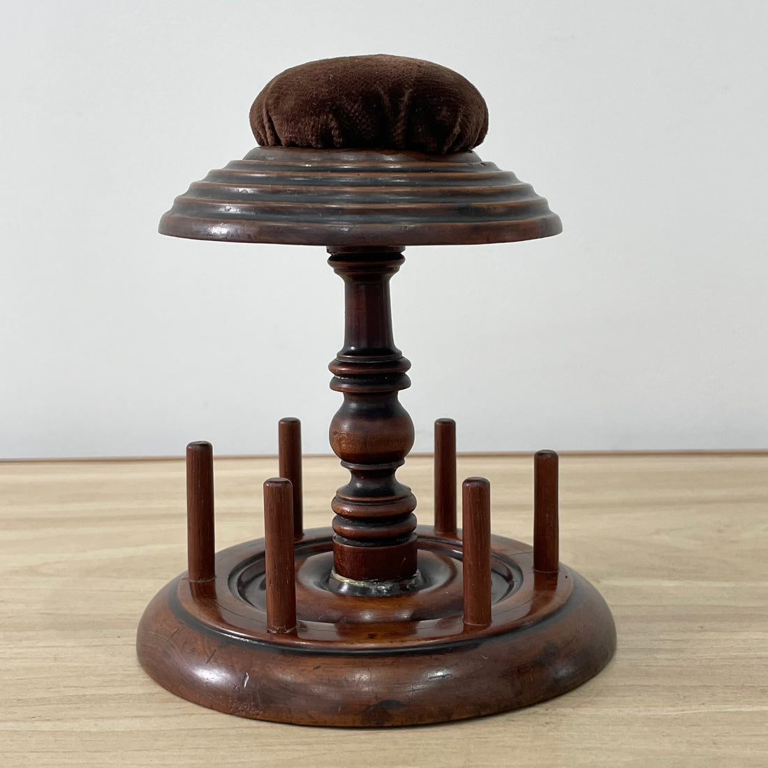 Antique Wooden Thread Reel Stand with Velvet Pin Cushion