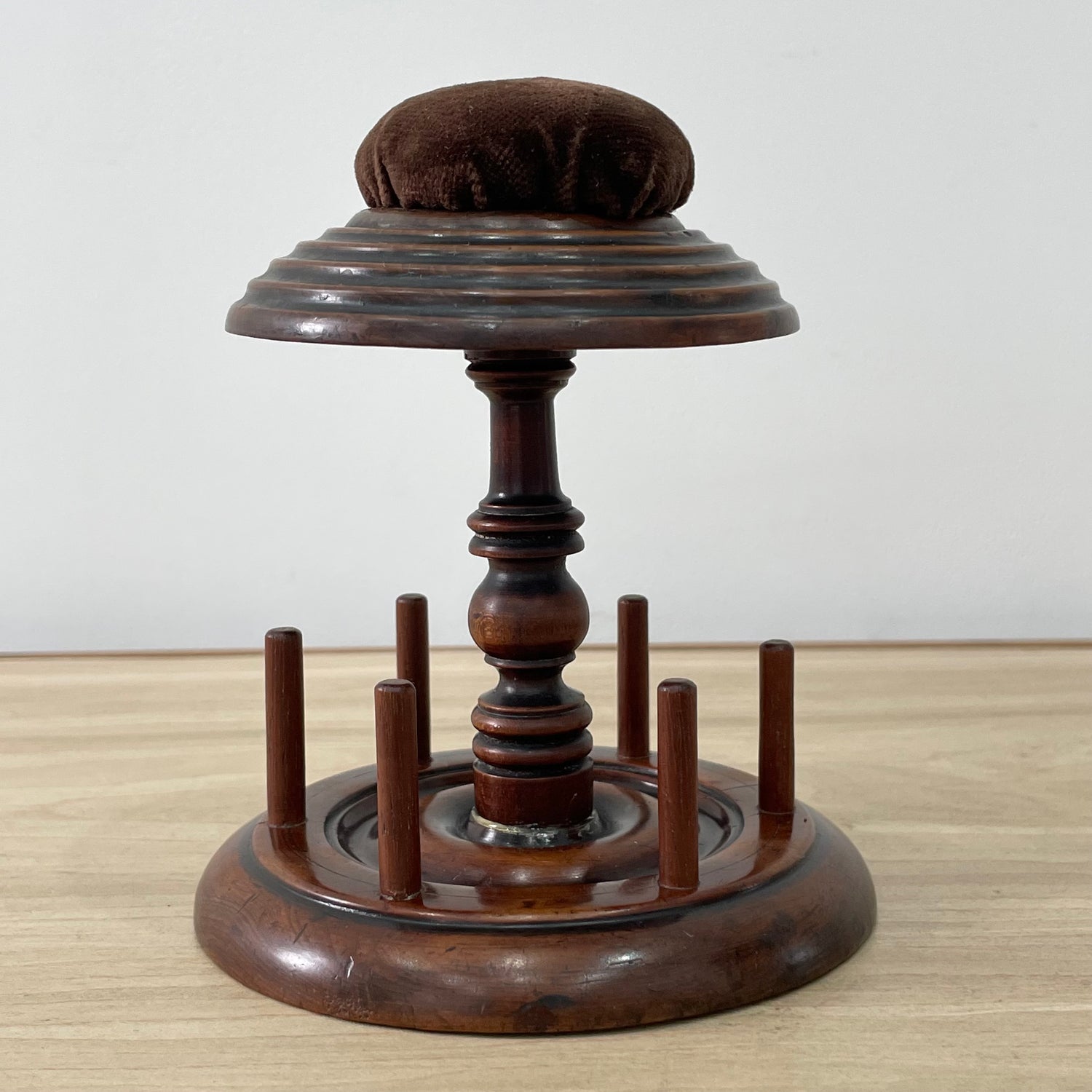 Antique Wooden Thread Reel Stand with Velvet Pin Cushion