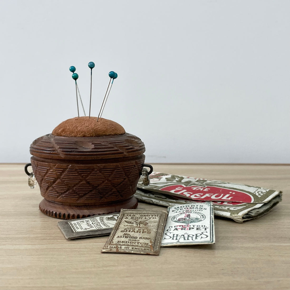 19th Century Carved Treen Pin Cushion with Glass Ring Detail