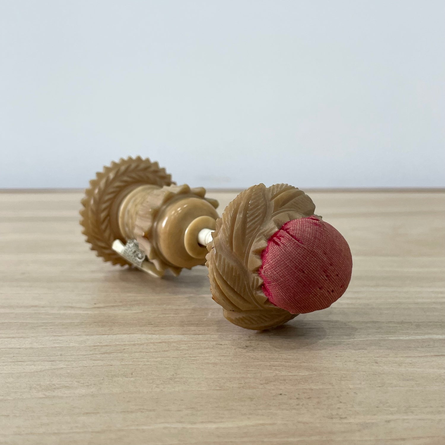 19th Century Tagua Nut Pin Cushion &amp; Ribbon Tape Measure