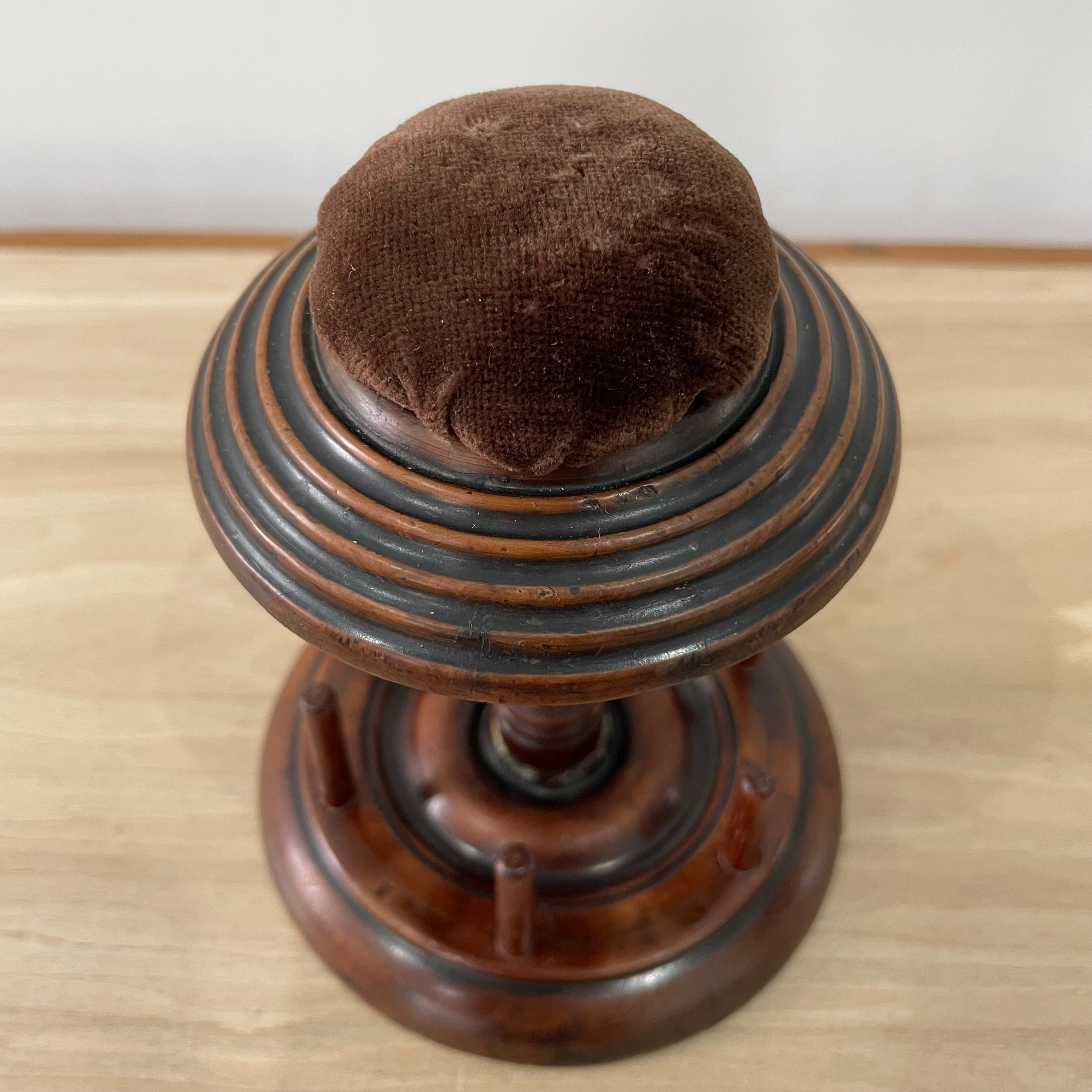 Antique Wooden Thread Reel Stand with Velvet Pin Cushion