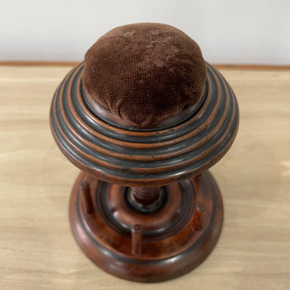 Antique Wooden Thread Reel Stand with Velvet Pin Cushion