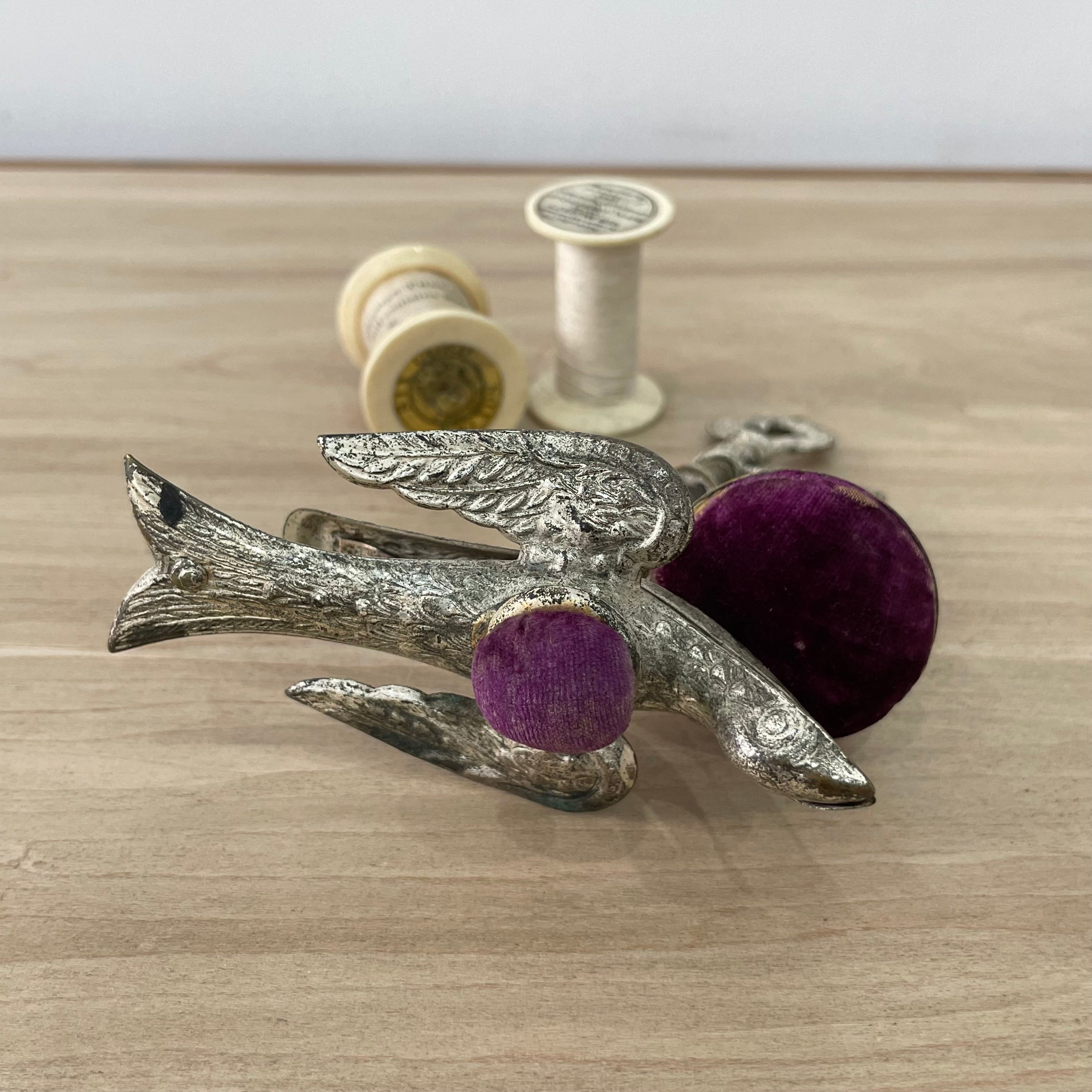 Antique Early 19th Century Bird Sewing Clamp with Pin Cushion
