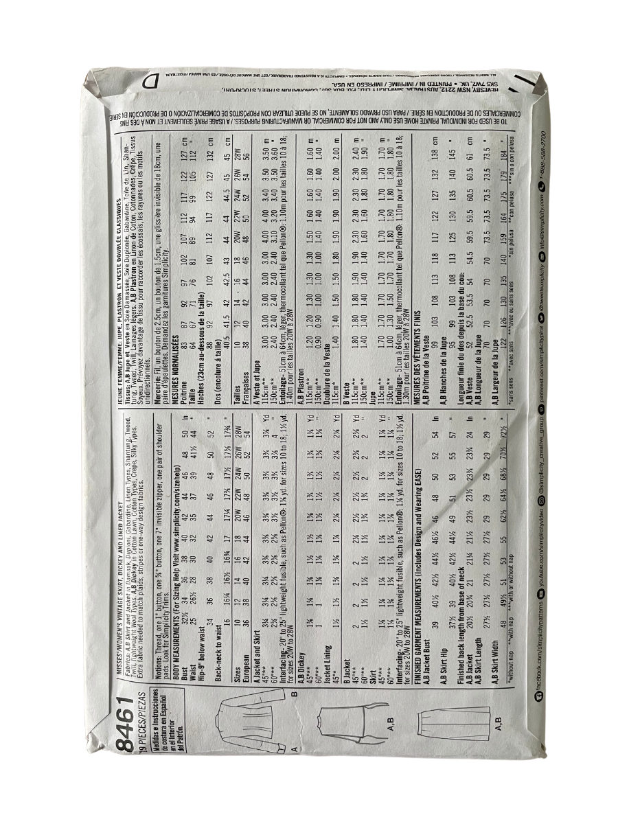 Simplicity 8461 Womens Size 18-24 Jacket Skirt FF