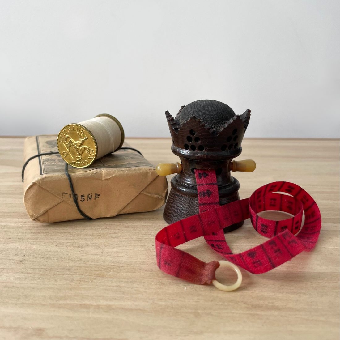 Antique Treen Crown Tape Measure &amp; Pin Cushion – Early 20th Century