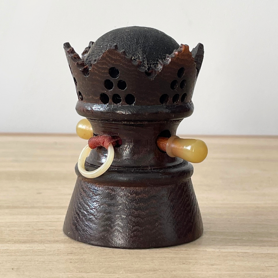 Antique Treen Crown Tape Measure &amp; Pin Cushion – Early 20th Century