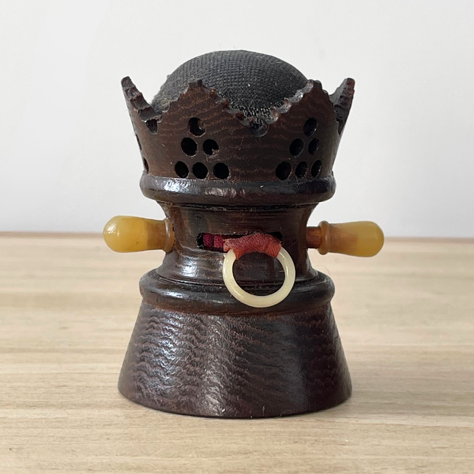 Antique Treen Crown Tape Measure &amp; Pin Cushion – Early 20th Century