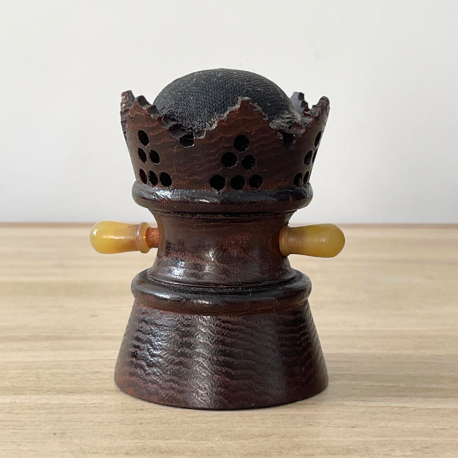 Antique Treen Crown Tape Measure &amp; Pin Cushion – Early 20th Century