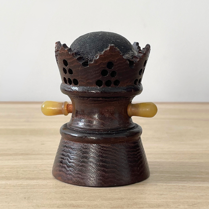Antique Treen Crown Tape Measure &amp; Pin Cushion – Early 20th Century