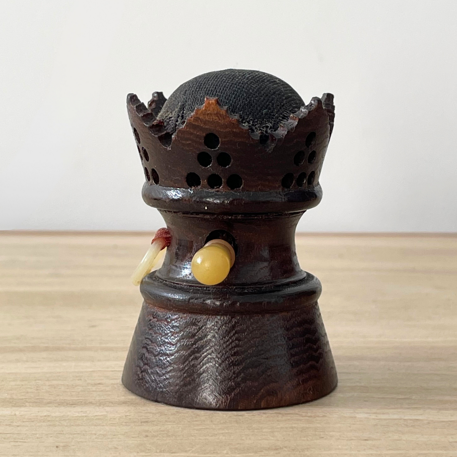 Antique Treen Crown Tape Measure &amp; Pin Cushion – Early 20th Century