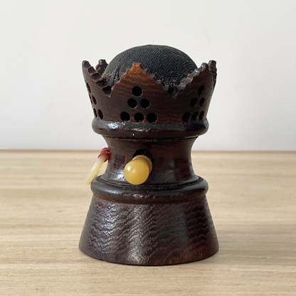 Antique Treen Crown Tape Measure &amp; Pin Cushion – Early 20th Century