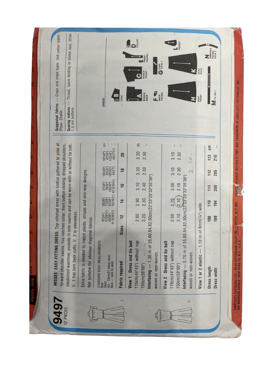 Simplicity 9497 Womens Size 14 Dress *