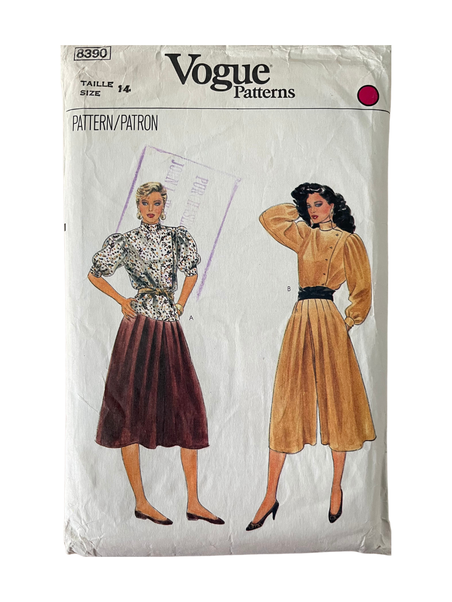 Vogue 8390 Womens Size 14 Petite Blouse Culottes Skirt